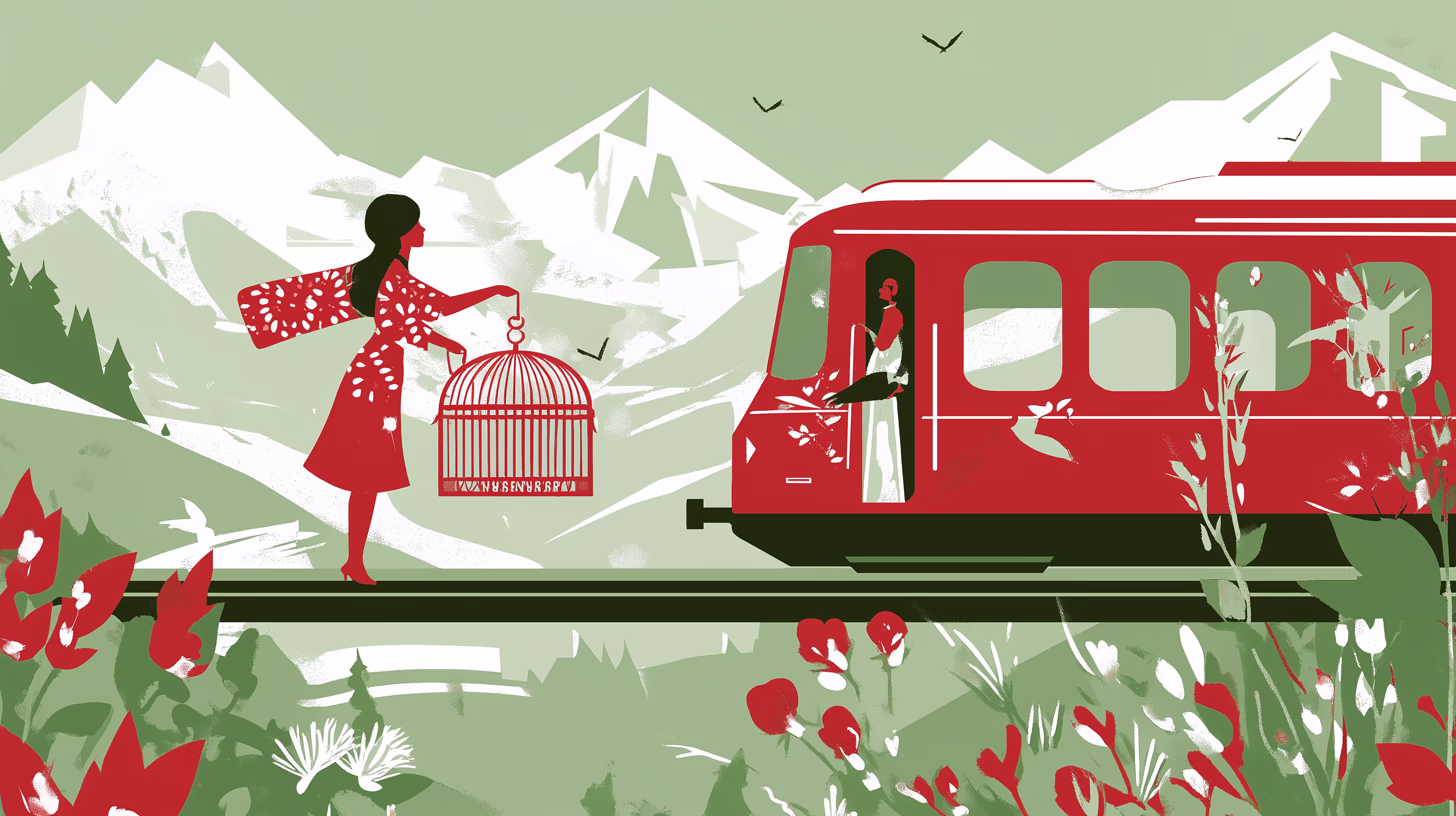 Illustration d'une femme portant une cage à oiseaux